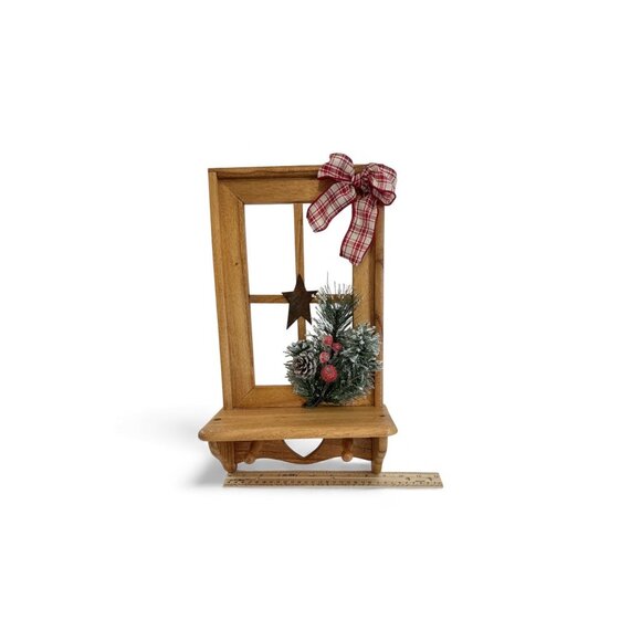 Wooden Wall-Mounted Rustic Window Shelf Décor With Star Bow & Christmas Greenery - Picture 4 of 8